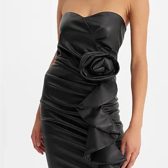 Express Women's Cocktail & Party Faux Leather Strapless Rose Ruffle Mini Dress in Black XS Express Women's Cocktail & Party Faux Leather Strapless Rose Ruffle Mini Dress in Black XS